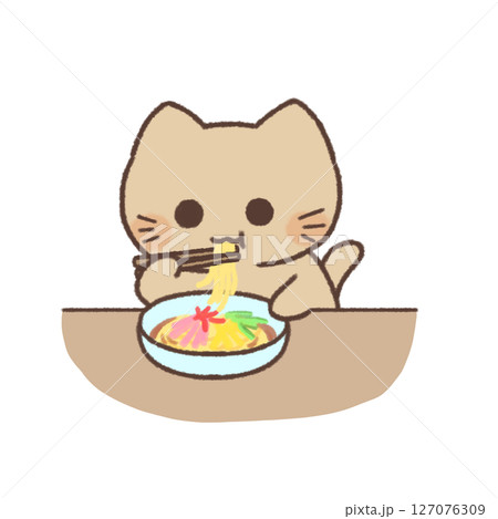 冷やし中華を食べている白い猫のイラスト 127076309