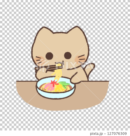 冷やし中華を食べている白い猫のイラスト 127076309