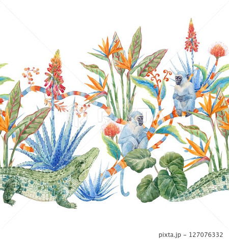 Seamless watercolor hand drawn pattern of tropical plants and monkeys, flowers, aloe, wild exotic blooms, and whimsical jungle vines. Perfect for wallpaper, textiles and botanical-themed decor. Seamless watercolor hand drawn pattern of tropical plants and monkeys, flowers, aloe, wild exotic blooms, and whimsical jungle vines. Perfect for wallpaper, textiles and botanical-themed decor. 127076332