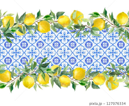 Elegant horizontal seamless pattern with yellow lemons, green foliage, and blue azulejo-style tiles. Perfect for kitchen wallpaper, table runners, fabric design, packaging, and Mediterranean or 127076334