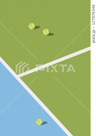 Tennis Championship and Tournament Landscape Poster. Indoor, Blue, Indoor Court. Ball on the Line. Net Shadow on floor. Close up. Flat, Simple, Retro style - Vector 127076348