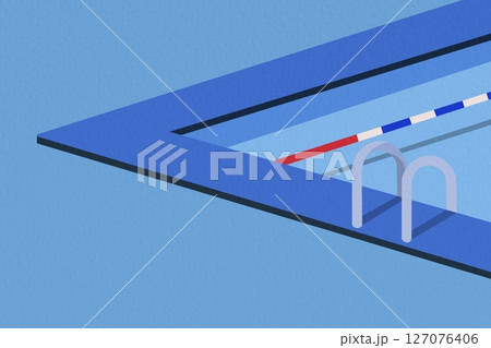 Swimming lanes await competitors at an indoor pool, copy space. Calm water reflects surrounding tiles and lane numbers indoors, creating a serene atmosphere, unaltered 127076406