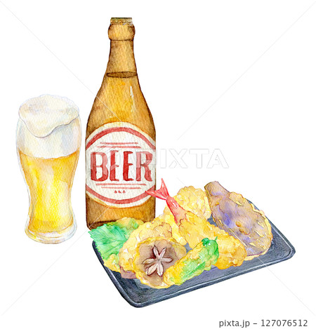 水彩イラスト 手描きイラスト 生ビールと天ぷら 水彩イラスト 手描きイラスト 生ビールと天ぷら 127076512