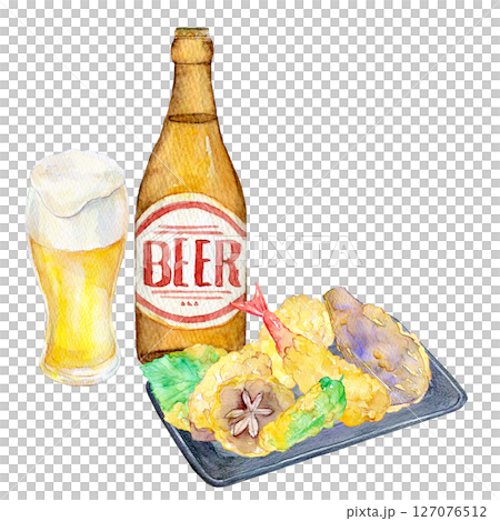 水彩イラスト 手描きイラスト 生ビールと天ぷら 水彩イラスト 手描きイラスト 生ビールと天ぷら 127076512