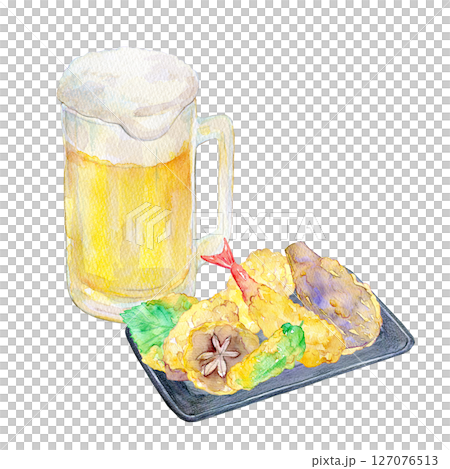 水彩イラスト　手描きイラスト　生ビールと天ぷら 127076513