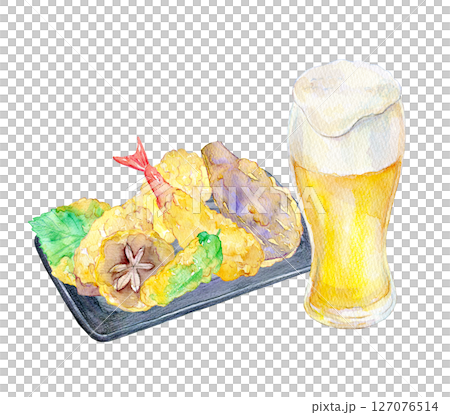 水彩イラスト　手描きイラスト　生ビールと天ぷら 127076514