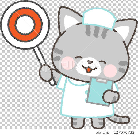 丸印の札を持ったサバトラネコの看護師 127076732