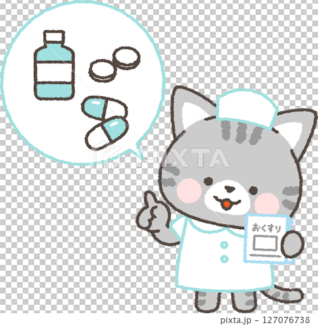 A tabby cat nurse explaining medicine A tabby cat nurse explaining medicine 127076738
