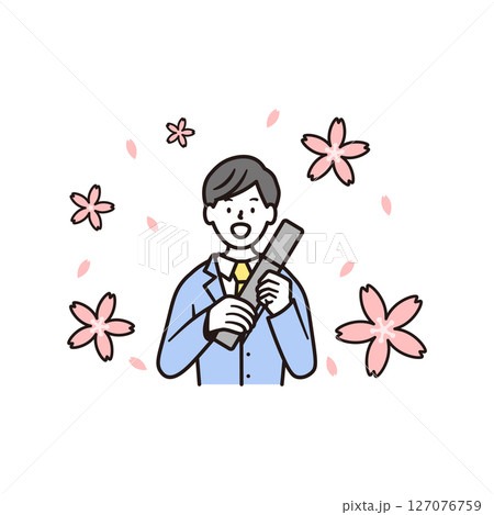 桜と笑顔で卒業証書を持つ男子高校生のイラスト素材 127076759