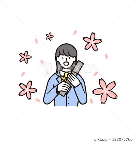 桜と笑顔で卒業証書を持つロングヘアーの女子高校生のイラスト素材 127076760