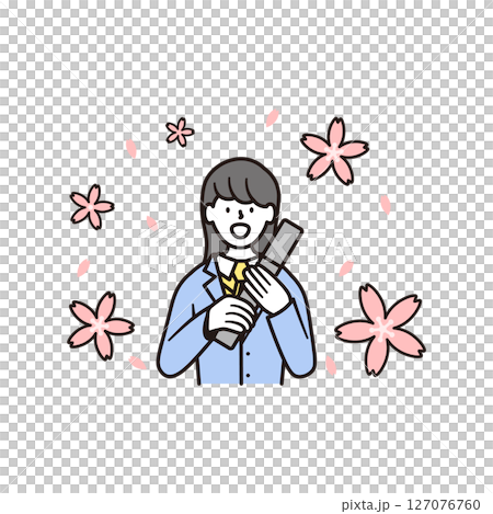 一位長髮高中女生拿著畢業證書，面帶微笑，手捧櫻花的插畫素材 127076760