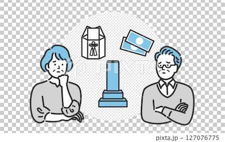 資産　相続　遺産　葬儀に悩むシニア夫婦のイメージイラスト 127076775