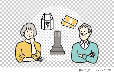 Illustration of a senior couple worried about assets, inheritance, legacy, and funerals Illustration of a senior couple worried about assets, inheritance, legacy, and funerals 127076776