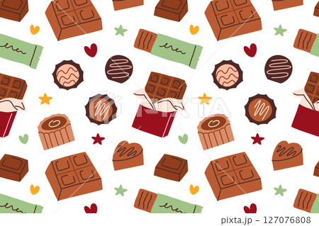 Seamless flat cartoon vector pattern with chocolate candies, bars and wrapped sweets in decorative shapes and glaze. Tasty dessert background for holidays, packaging, celebration, cozy festive design 127076808