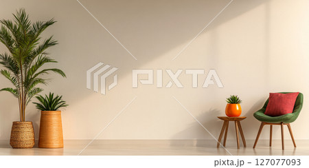 Bright and modern interior featuring plants, seating, and natural light in a minimalistic space 127077093