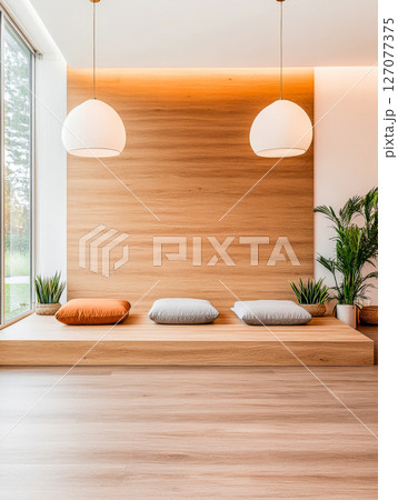 Modern minimalist relaxation area with cushions and plants in a bright interior space 127077375