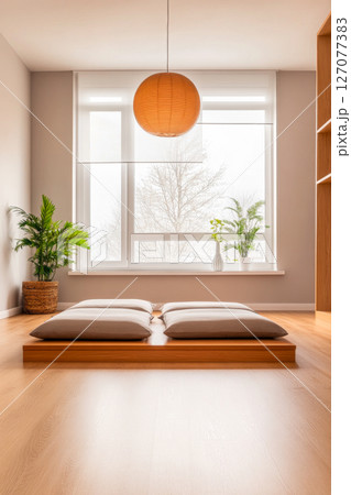 Modern minimalistic living space with a cozy seating area and natural light during the day Modern minimalistic living space with a cozy seating area and natural light during the day 127077383