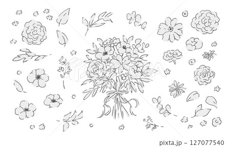 線画の草木。ベクターで描いた草木の花束イラストフレーム。シンプル草木グラフィック。 127077540