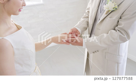新婦の指に指輪をつける手元のクローズアップ 新婦の指に指輪をつける手元のクローズアップ 127077588