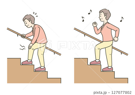 元気に階段を上る高齢女性と辛そうな高齢女性のイラスト 元気に階段を上る高齢女性と辛そうな高齢女性のイラスト 127077802
