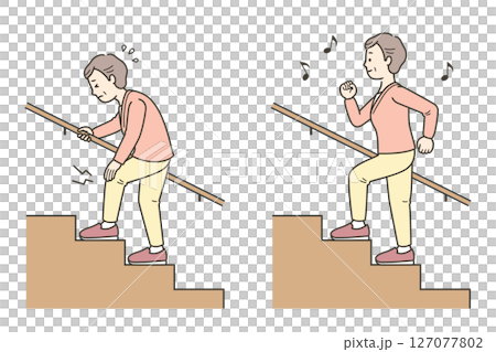 元気に階段を上る高齢女性と辛そうな高齢女性のイラスト 元気に階段を上る高齢女性と辛そうな高齢女性のイラスト 127077802