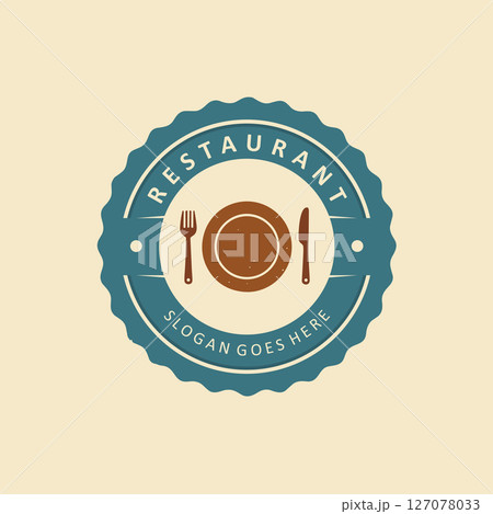 Circular vintage restaurant logo badge and emblem with slight color 127078033