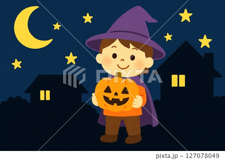 ハロウィンの夜に仮装した子供とジャックオーランタンのイラスト 127078049