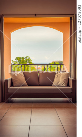 Cozy seating area with a view of nature during a sunny day in a tranquil setting 127078093