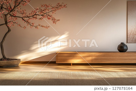 Serene interior with a flowering tree and warm sunlight shining on minimalist furniture 127078164