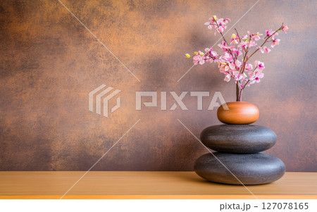 A serene arrangement of stones and blossoms on a wooden surface against a textured background 127078165