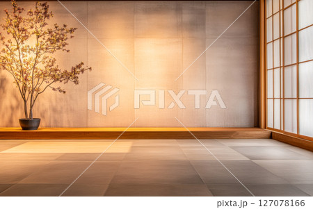 A serene indoor space with a blossoming tree and traditional Japanese architecture at dusk 127078166