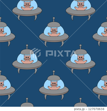 Seamless Pattern with funny cat in UFO spaceship on blue background. Flat vector Illustration. Seamless Pattern with funny cat in UFO spaceship on blue background. Flat vector Illustration. 127078638