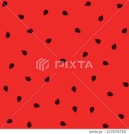 Watermelon inside seeds and red background, simple summer print. Slice of fruit, sweet dessert retro design. Juicy summer tropical  127078758