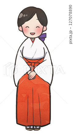 イラスト素材：手描き風笑顔の巫女さん 127078890