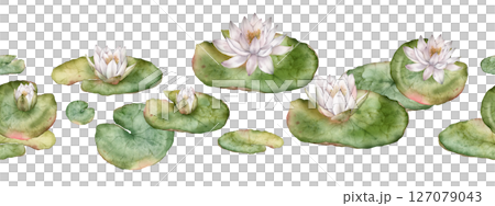 Seamless horizontal border or banner with watercolor white water lilies and green leaves. Hand-drawn illustration on white background. Elegant floral design for textiles, wrapping paper, or borders. Seamless horizontal border or banner with watercolor white water lilies and green leaves. Hand-drawn illustration on white background. Elegant floral design for textiles, wrapping paper, or borders. 127079043