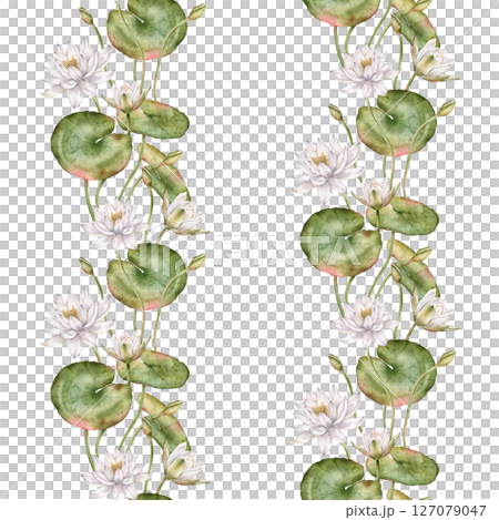 Seamless watercolor pattern featuring delicate white water lilies with green leaves. Hand-drawn lotus flowers on an isolated background, perfect for textiles and wrapping paper. Seamless watercolor pattern featuring delicate white water lilies with green leaves. Hand-drawn lotus flowers on an isolated background, perfect for textiles and wrapping paper. 127079047