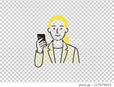 Illustration of a businesswoman showing a smartphone screen Illustration of a businesswoman showing a smartphone screen 127079054