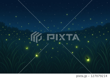 夜の草むらに舞う蛍たちの幻想的な光景 127079214