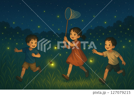 夜の草原で蛍を追いかける子どもたちの夏の風景 127079215