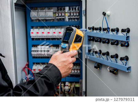 Technician use infrared thermal imaging camera to check temperature at fuse-box 127079311