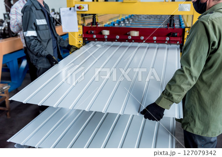 Metal sheet forming machine at the modern metalwork factory. 127079342