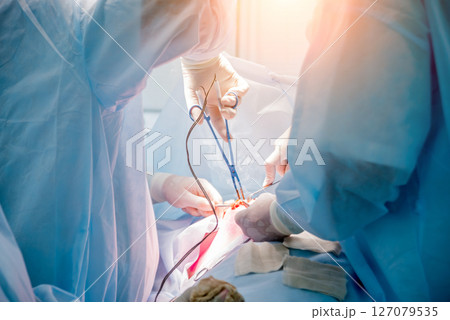 Surgeon and assistants in operating room with surgery equipment. Surgeon and assistants in operating room with surgery equipment. 127079535