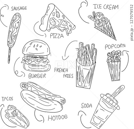 Vector set of fast food hand drawn illustration. Fast food on Isolated White Background. 127079552