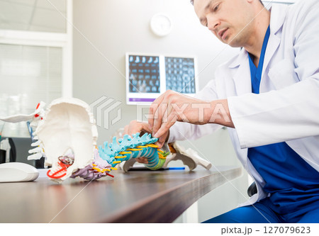 Doctor show polyaxial screw on the spine model. Spine fixation systems 127079623