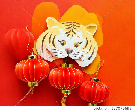 Chinese Tiger and Red Paper Lanterns, New Year Festival. AI Generated. 127079693