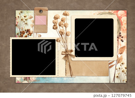 Nostalgic scrapbooking banner with moodboard pictures for scrapbooking. Retro background with paper texture, dry pressed leaves, flowers, linen bow and frame photo. Vintage style mood board layout Nostalgic scrapbooking banner with moodboard pictures for scrapbooking. Retro background with paper texture, dry pressed leaves, flowers, linen bow and frame photo. Vintage style mood board layout 127079745