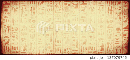 Horizontal travel banner with egyptian hieroglyphs. Grunge background with old paper texture and ancient egyptian hieroglyph. Topic of vacation, travel, trip abroad on vacation, cruises, tours Horizontal travel banner with egyptian hieroglyphs. Grunge background with old paper texture and ancient egyptian hieroglyph. Topic of vacation, travel, trip abroad on vacation, cruises, tours 127079746