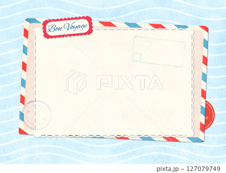 Horizontal travel background with retro postcard on vintage paper of blue color and wave pattern. Bon Voyage - Have a nice trip, in French. Topic of travel, trip abroad on vacation, cruises and tours 127079749