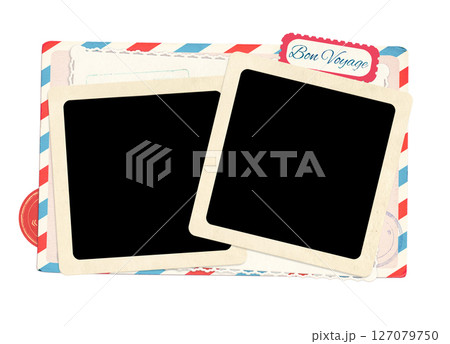 Two retro photos and vintage postcard. Bon Voyage - Have a nice trip, in French. Isolated on white. Old card and blank photo. Is perfect way to express creativity and evoke a sense of warm memories 127079750
