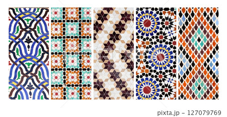 Set of vertical or horizontal banners with detail of ancient mosaic walls with geometric ornaments. Collection of background with traditional islamic tile decoration. Tile decor on old wall Set of vertical or horizontal banners with detail of ancient mosaic walls with geometric ornaments. Collection of background with traditional islamic tile decoration. Tile decor on old wall 127079769